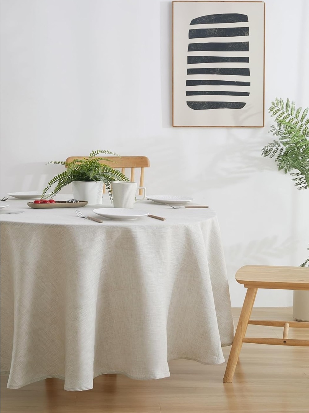 NEW 100% French Flax Linen Round Tablecloth 80”, Natural Linen